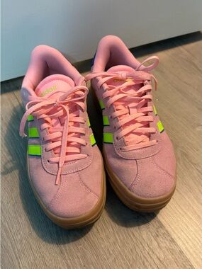 adidas Pink Suede Sneakers with Neon Green Stripe Accents
